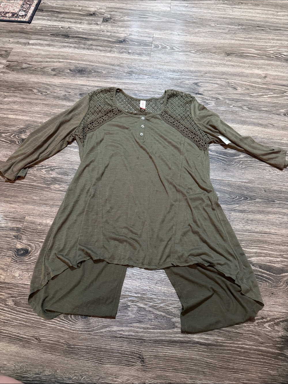 No Boundaries Olive Green Crochet Yoke High-Low Tunic